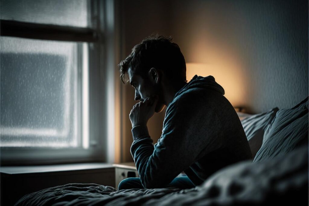 a person sits in bed looking out of a dark window as they struggle with symptoms of cocaine addiction