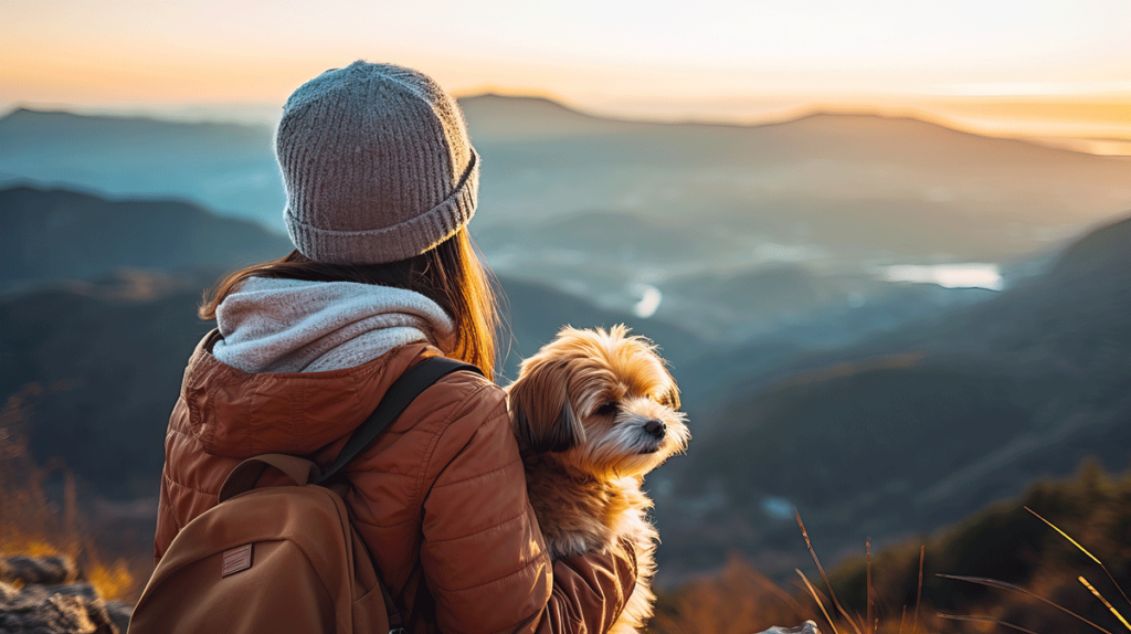 young woman looking at scenic mountain view while hiking with her small dog engaging in one of five activities to improve mental health