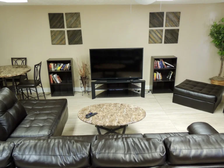 7 Summit Pathways _ Tampa, FL - living room with black leather couches