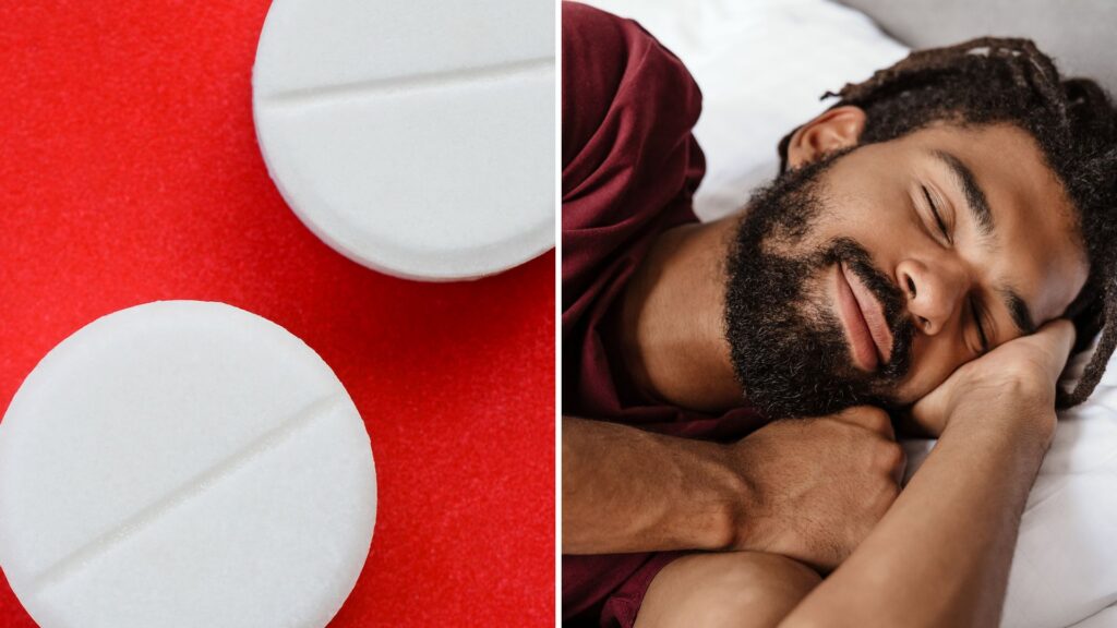 A split image of pills and a man sleeping for the topic how to taper off trazodone.