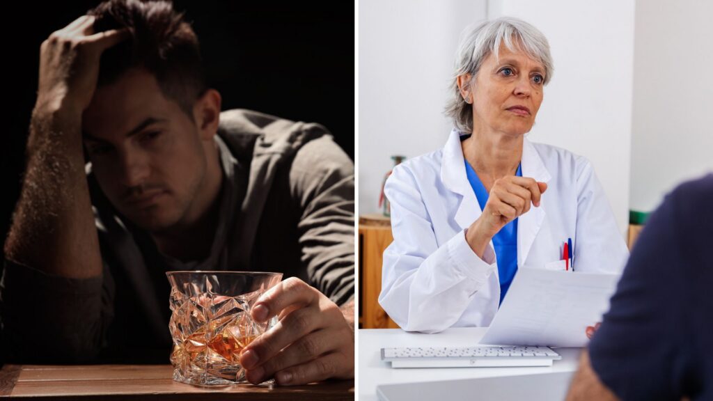A split image of a man looking at a glass of alcohol wondering how long does it take to detox from alcohol and a doctor speaking with a patient.